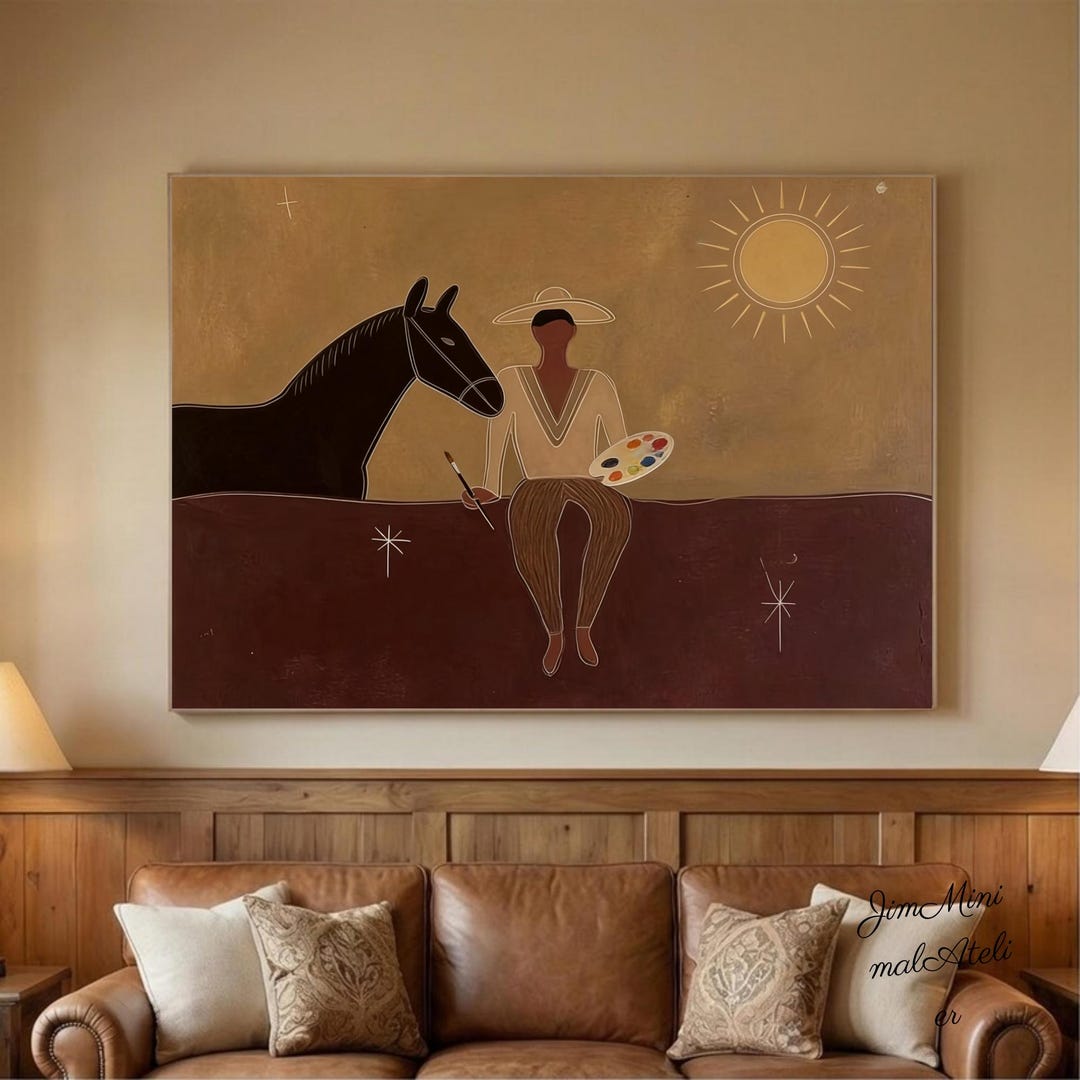 Japandi Western Conwboy Wall Art Original Western Cowboy and Horse Oil ...