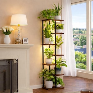 May include: A multi-tiered plant stand made of dark wood and metal, displaying various potted green plants. The stand is lit with warm lighting, enhancing the plants' appearance. The different plant varieties and sizes create a visually appealing indoor display, adding a touch of nature.
