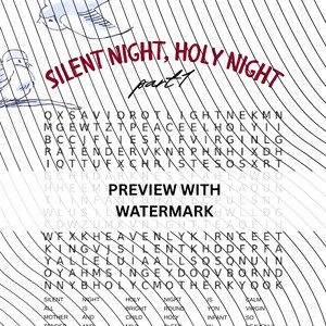 Puede incluir: Un crucigrama navideño en blanco y negro con las palabras "Silent Night, Holy Night". La imagen incluye ilustraciones de pájaros y una iglesia, con una marca de agua.