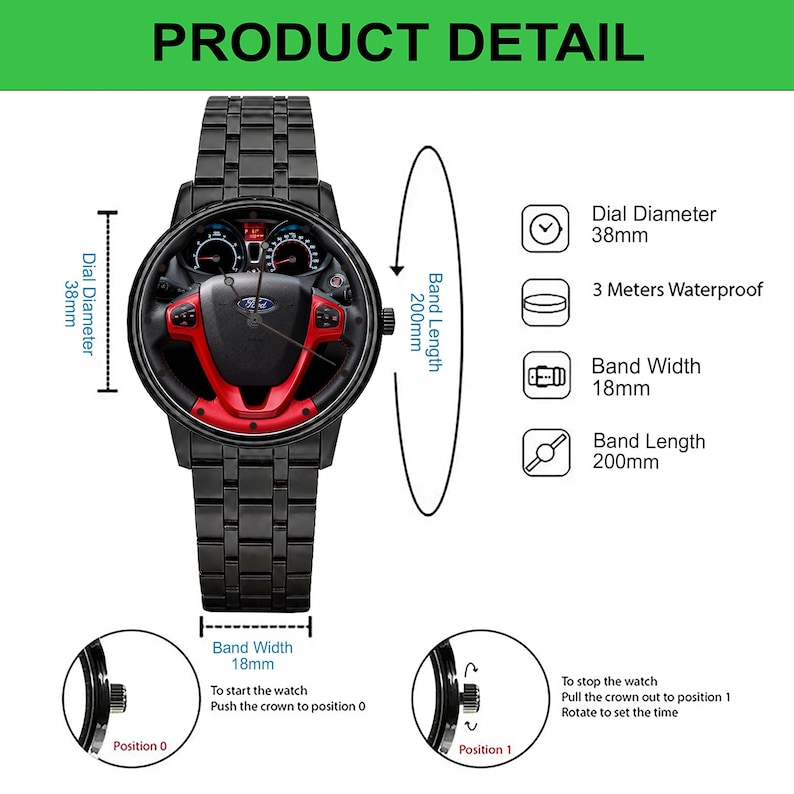 May include: Black wristwatch with a car steering wheel design on the face. The watch has a 38mm dial diameter, 18mm band width, and 200mm band length. The watch is 3 meters waterproof. The text "PRODUCT DETAIL" is at the top.