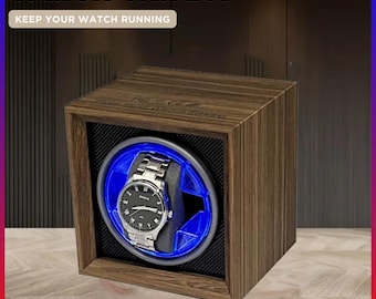 Elegante carica orologi automatico con espositore in legno/ Rotatore per orologi con motore silenzioso/ Custodia per orologi a LED per uomo/ Organizer per orologi moderno, idea regalo