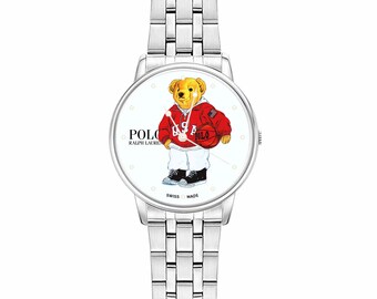 Orologio classico con orsetto Polo/ Elegante orologio con bracciale in argento/ Design con orsetto per abbigliamento preppy, ideale come regalo