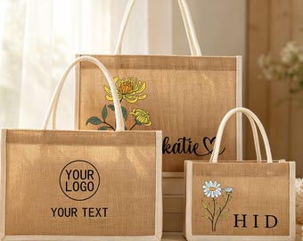 Custom Burlap Tote Bag, Personalized Beach Bag, Bridesmaid Proposal Gift Basket, Maid of Honor Gift, Customized Jute Shopping Bag