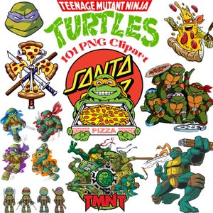 May include: A collection of Teenage Mutant Ninja Turtles PNG clipart images. The images include the turtles, pizza, and text that reads "Teenage Mutant Ninja Turtles 101 PNG Clipart". The turtles are in various action poses.
