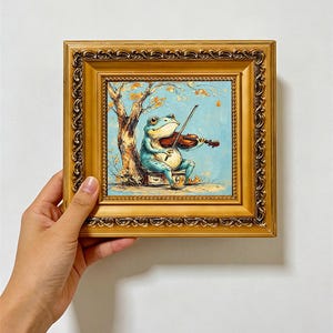Violin Playing Frog Framed Oil Print, Mini 4x4 Solid Wood Autumn Wall Art