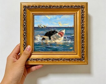 Grappig schilderij van een kat die op een haai rijdt, epische oceaanmuurdecoratie, renaissance meme-decoratie, speelse zeekunst