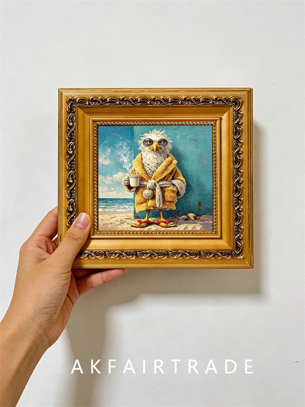 Funny Owl Beach Coffee Oil Painting, Coastal Bird Wall Art, Vacation Owl Decor, Coffee Lover Gift, W