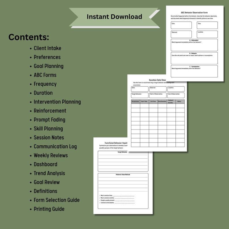 May include: A digital document set featuring an Instant Download banner and a list of contents including Client Intake, ABC Forms, and Session Notes. Three white printable forms are displayed, titled ABC Behavior Observation Form, Duration Data Sheet, and Functional Behavior Hypo.