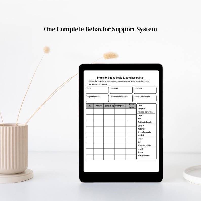 May include: A black tablet displaying an Intensity Rating Scale & Data Recording form with fields for date, observer, location, target behaviour, and observation times. The form includes a table for tracking activity, rating, description, and action taken.