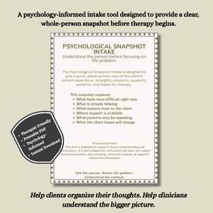 Könnte beinhalten: Ein weißes Dokument mit dem Titel Psychological Snapshot Intake und einem dunkelgrünen dreieckigen Rand. Es listet Erkundungspunkte auf, darunter Schwierigkeiten, Hilfen und Hoffnungen. Ein dunkles Schild-Symbol nennt Merkmale wie Therapist Friendly und Printable PDF.