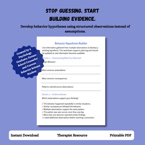 Op de afbeelding: Een wit Behavior Hypothesis Builder werkblad op een lichtpaarse achtergrond. De tekst luidt: STOP GUESSING. START BUILDING EVIDENCE. Develop behavior hypotheses using structured observations instead of assumptions. Inclusief een blauwe ster-badge.