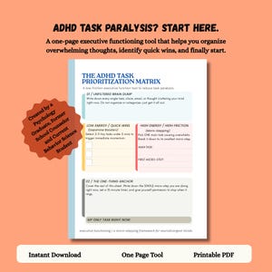 Puede incluir: Una herramienta PDF imprimible de una página llamada Matriz de Priorización de Tareas TDAH. El documento incluye secciones para un volcado de cerebro sin filtrar, victorias rápidas, tareas de alta fricción y un ancla para organizar ideas.