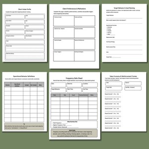 May include: A set of six white printable behaviour tracking forms featuring black text and grid layouts. The pages include a Client Intake Profile, Client Preferences & Motivators, Target Behaviour & Goal Planning, Operational Behaviour Definitions, Frequency Data Sheet, and a Token Economy & Reinforcement Tracker.