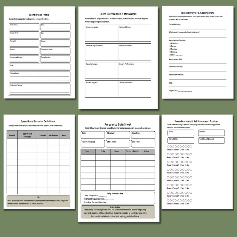May include: A set of six white printable behaviour tracking forms featuring black text and grid layouts. The pages include a Client Intake Profile, Client Preferences & Motivators, Target Behaviour & Goal Planning, Operational Behaviour Definitions, Frequency Data Sheet, and a Token Economy & Reinforcement Tracker.