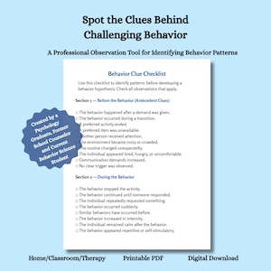 May include: A white document titled Spot the Clues Behind Challenging Behavior, A Professional Observation Tool for Identifying Behavior Patterns. It includes a Behavior Clue Checklist with sections for Before and During the Behavior.