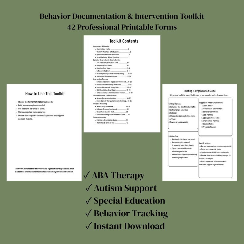 Behavior Documentation & Intervention Toolkit ABA Data Collection Forms Autism Tracker Special Education Printable Behavior Support PDF image 2