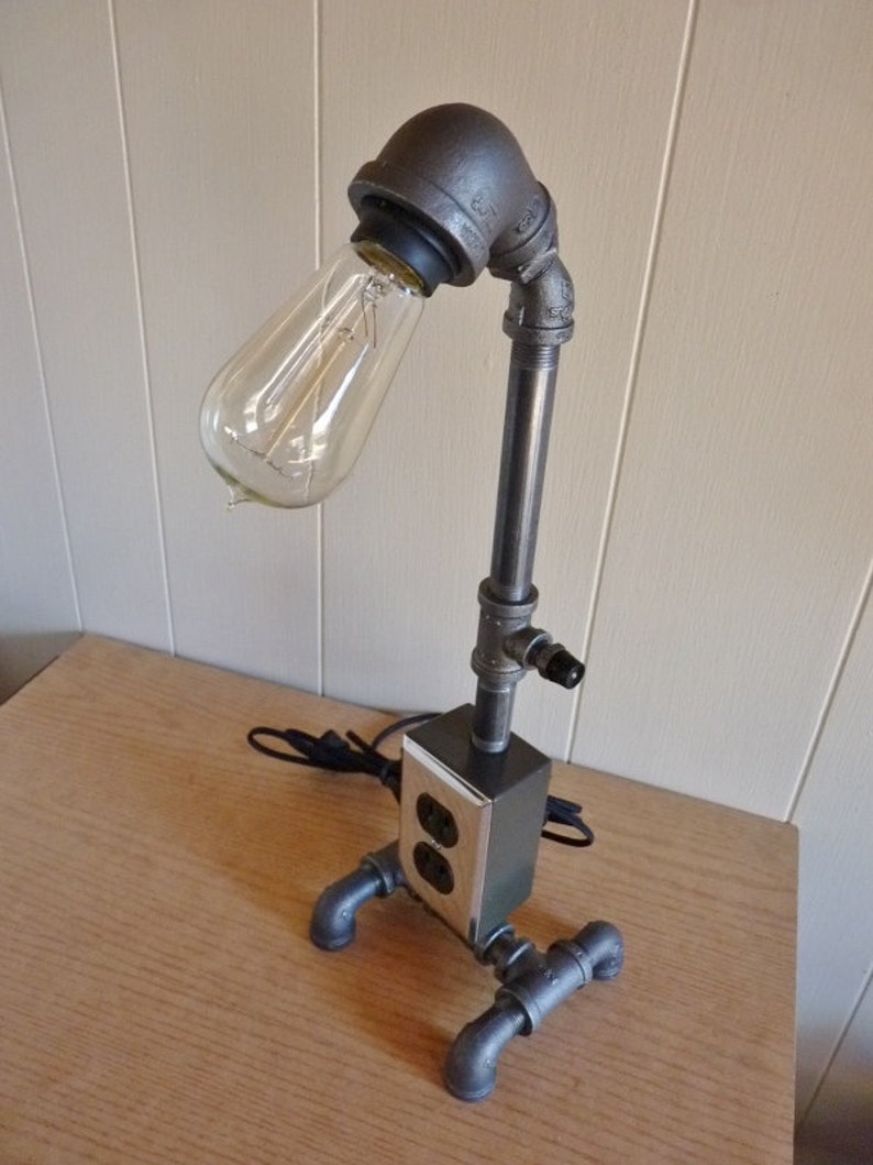 8 ft Black iron pipe lamp with built in electric outlet very cool! cloth cord antique style bulb