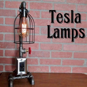 Pipe lamp with faucet handle on/off switch, electric USB outlet, metal cage, cloth cord, antique style bulb!