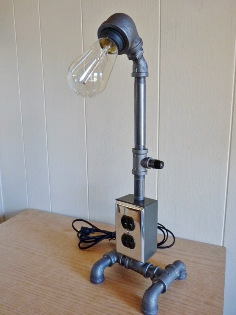 8 ft Black iron pipe lamp with built in electric outlet very cool! cloth cord antique style bulb