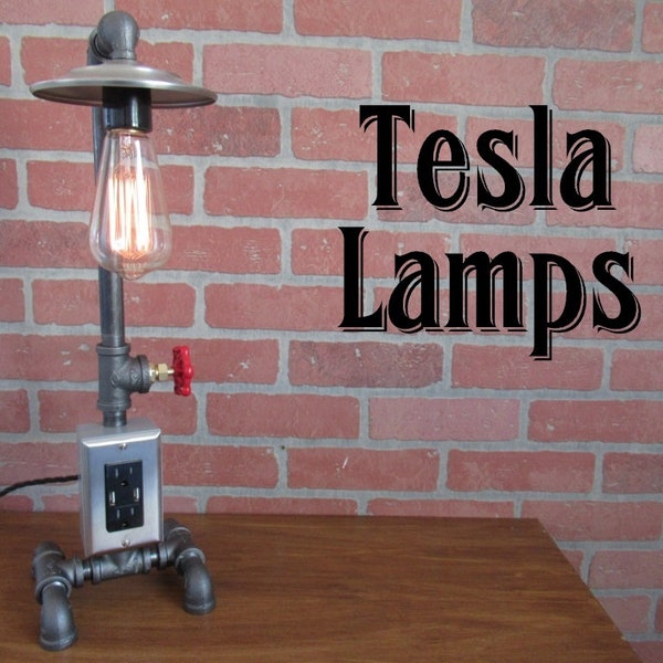 Pipe lamp with faucet handle on/off switch, USB outlets, steel shade, antique style bulb, cloth cord - very cool!