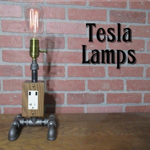 Iron pipe lamp with USB and electric outlets, brass dimmer socket, oak faceplate, 8 ft twisted black cord, includes edison bulb!