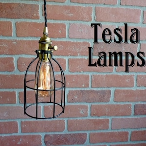 Industrial - rustic - steampunk hanging lamp, black metal cage, antique style bulb, 14 ft. cloth cord!