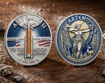 Artemis II Crewed Lunar Mission Challenge Coin, NASA SLS Rocket Moon Beyond Medallion, Greek Goddess Artemis Art Coin, Space Enthusiast Gift