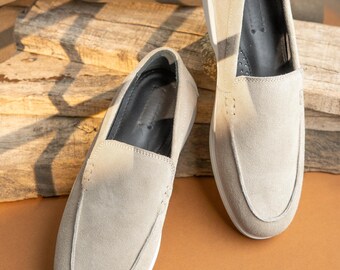 Handmade 100%  Original Suede Leather Slip-on Loafers In BEIGE with Rubber Sole.
