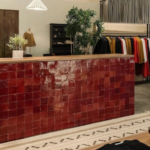 May include: A retail store interior featuring a counter with a red tiled facade. The counter has a wooden top and is positioned in front of a clothing rack with various garments. A small plant in a white pot sits on the counter.