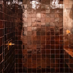 May include: A shower interior with dark brown, square tiles. The tiles have a glossy finish, reflecting light and creating a textured appearance. A gold-coloured shower handle is visible on the left.