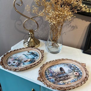 Bandeja ovalada decorativa vintage, decoración de estilo rústico campestre, diseño floral de tetera o carro, decoración de pared rústica hecha a mano, elige individual o juego.