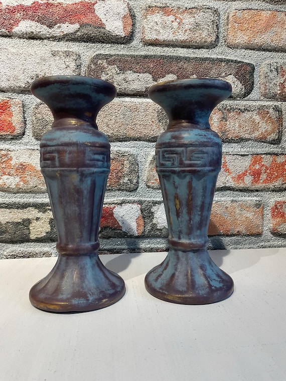 Hand Painted Decorative Candle Holders – Set of 2, Antique Blue Patina, Artistic Home Decor