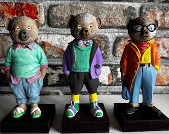 Handgemalte Bärenfiguren 3er Set, Sammlerstück Kunstfiguren, Einzigartiges Wohnkultur Geschenk