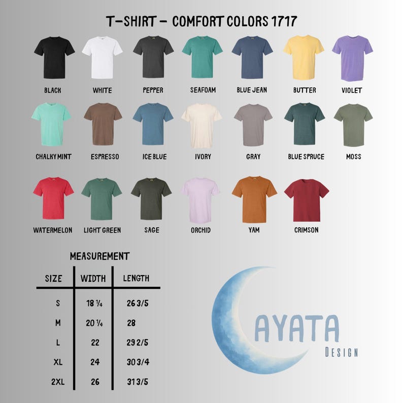 May include: A product image showcasing a variety of Comfort Colors 1717 t-shirts in various colors, including black, white, and violet. The image also includes a size chart with measurements in inches, such as a width of 18 1/4 inches for a size small.