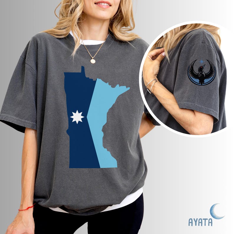 May include: Dark gray t-shirt featuring a blue and light blue graphic of a state outline with a white star. The left sleeve has a circular emblem with a bird design. The shirt is a relaxed fit.