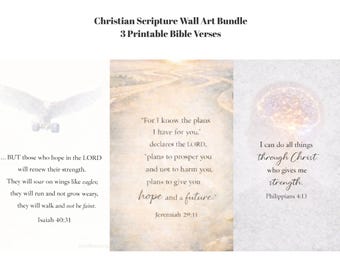 Kit de Arte de Parede com Versículos Bíblicos Cristãos - 3 Versículos para Imprimir - Decoração para Casa com Tema de Fé: Isaías 40:31, Jeremias 29:11, Filipenses 4:13 (Digital)