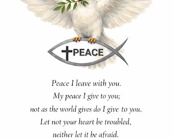 A paz que deixo convosco – João 14:27 | Arte de parede cristã para imprimir | Pomba e peixe da paz | Download digital das Escrituras