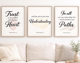 Conjunto de Arte de Parede com Versículo Bíblico de Provérbios 3:5-6 – Impressões Minimalistas das Escrituras Cristãs (Download Digital)