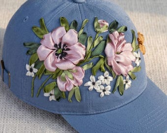 Cute Handmade Ribbon Embroidered Baseball Cap, Casual Sport Cap Gift for Mom, Girlfriend, Friendship Gift for Her, Thank You Gift for Women
