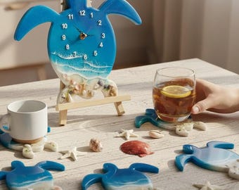 Handmade Resin Mother Sea Turtle Clock with Baby Turtles, Ocean Wave Beach Decor, Coastal Wall Clock, Living Room & Kid Room Decor