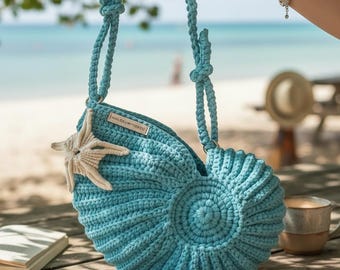 Handmade Nautilus Shell Shape Bag, Crochet Ram’s Horn Purse, Coastal Ocean Inspired Shoulder Bag, Artistic Beach Bag, Gift for Her