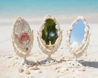 Personalized Seashell Table Mirror, Handmade Coastal Decor, Mermaid Vanity Standing Mirror, Beach House Desk Decor, Custom Gift for Her