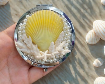 Set of 2 Handmade Seashell Compact Mirror Set, Personalized Beach Decor, Mermaid Folding Mirror Set, Gift for Her, Cute Purse Makeup Mirror