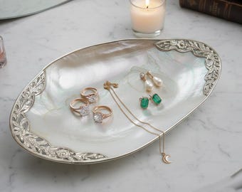 Oval Mother of Pearl Jewelry Tray, Shell Dish, Coastal Vanity Organizer