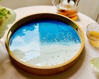 Ocean Wave Resin Serving Tray, Wooden Coastal Decor, Handmade Epoxy Art, Gift for Beach Lovers