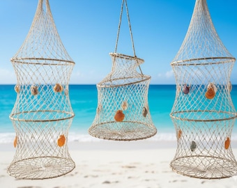 Coastal Hanging Fishing Net Wall Decor with Seashells