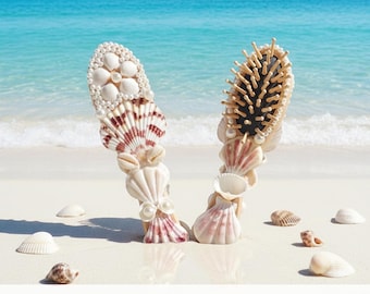 Set of 2 Seashell Hair Brush Set, Beach Wedding Decor