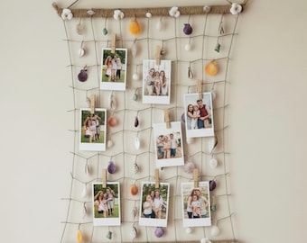 Handmade Seashell Net Wall Hanging, Photo Display, Handmade Coastal Decor, Ocean Wall Accent, Beach House Nautical Art Made To Order