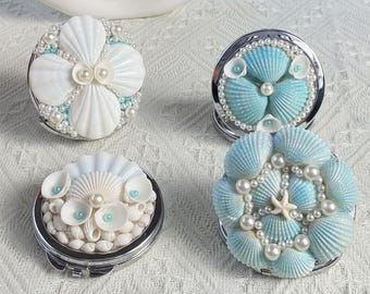 Set of 2 Seashell Folding Mirror Set, Mermaid Impact Mirror, Personalized Beach Decor, Gift for Her, Cute Purse Makeup Mirror