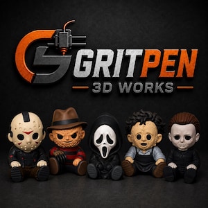 May include: Five stylized horror character figurines arranged in a row beneath the text GRITPEN 3D WORKS. The figures include a hockey-masked character, a fedora-wearing figure, a ghost-masked figure, a stitched-face character, and a pale-faced figure.